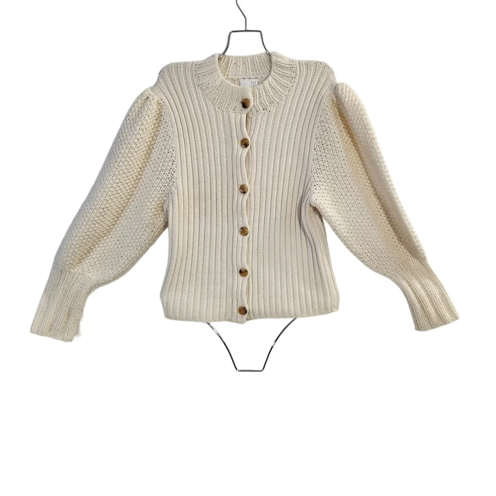 TSE Wool Cashmere Blend Button Dowm Ivory White Balloon Sleeve Knit Sweater - Picture 2 of 12